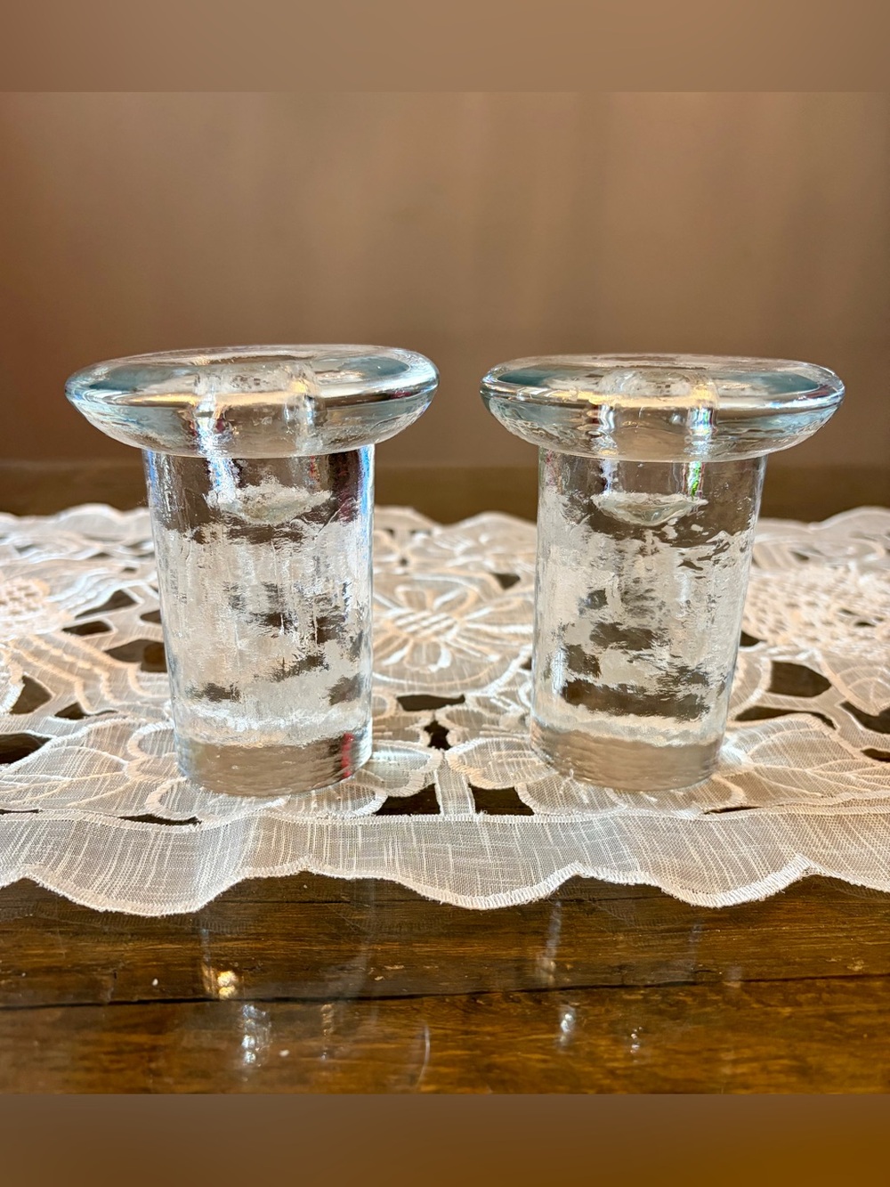 VINTAGE Blenko Art Glass Ice Mushroom Candle Holders— Set of 2